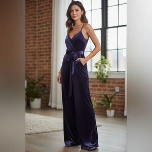 NWT L'AGENCE Justice Velvet Wide-Leg Jumpsuit in Midnight Sz 4